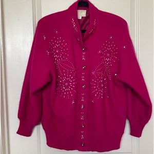 Vintage Belldini Angora Blend Beads Applique Cardigan Sweater Medium Lined Pink